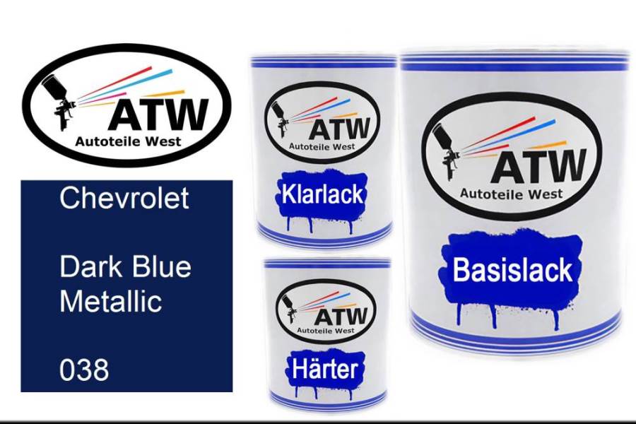 Chevrolet, Dark Blue Metallic, 038: 1L Lackdose + 1L Klarlack + 500ml Härter - Set, von ATW Autoteile West.